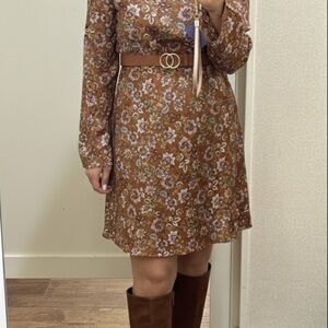 Floral Brown Long Sleeve midi Dress size 4